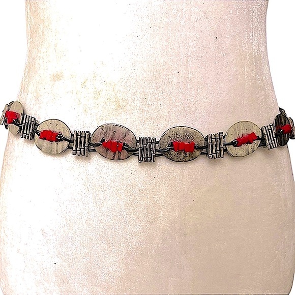 Vintage belt silver toned discs red beads black cords EUC - Picture 1 of 10